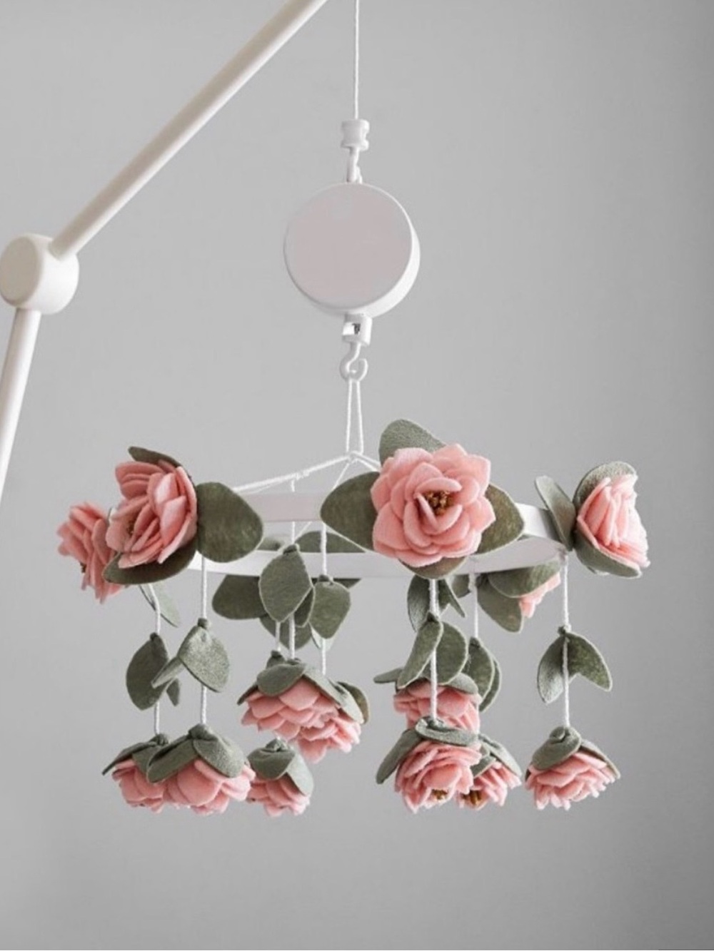 Pottery Barn Felted Pink Roses Musical Baby Crib Mobile and Mobile Arm
